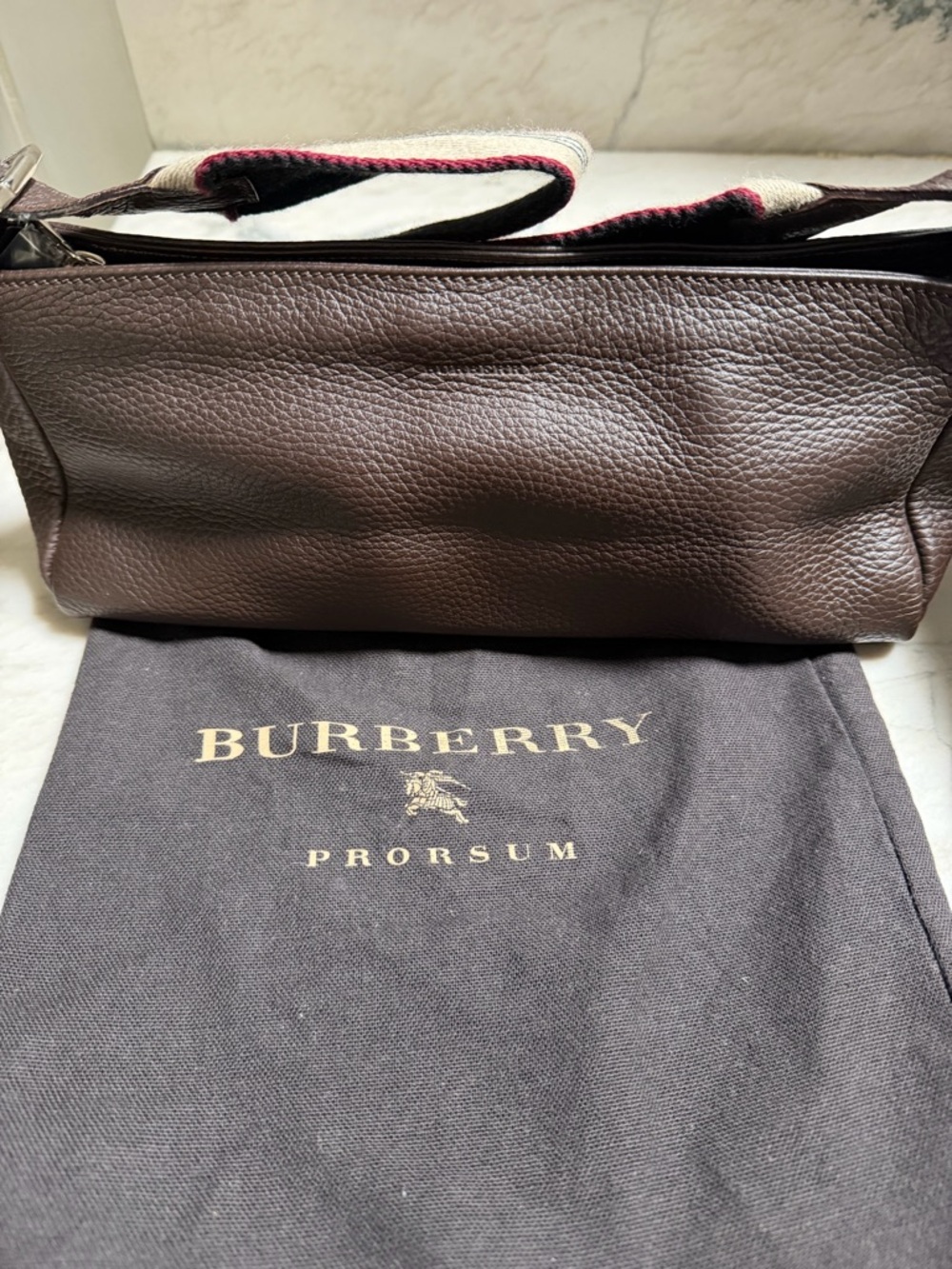 Burberry Dark Brown Pebbled Leather Shoulder Bag with Signature Strap